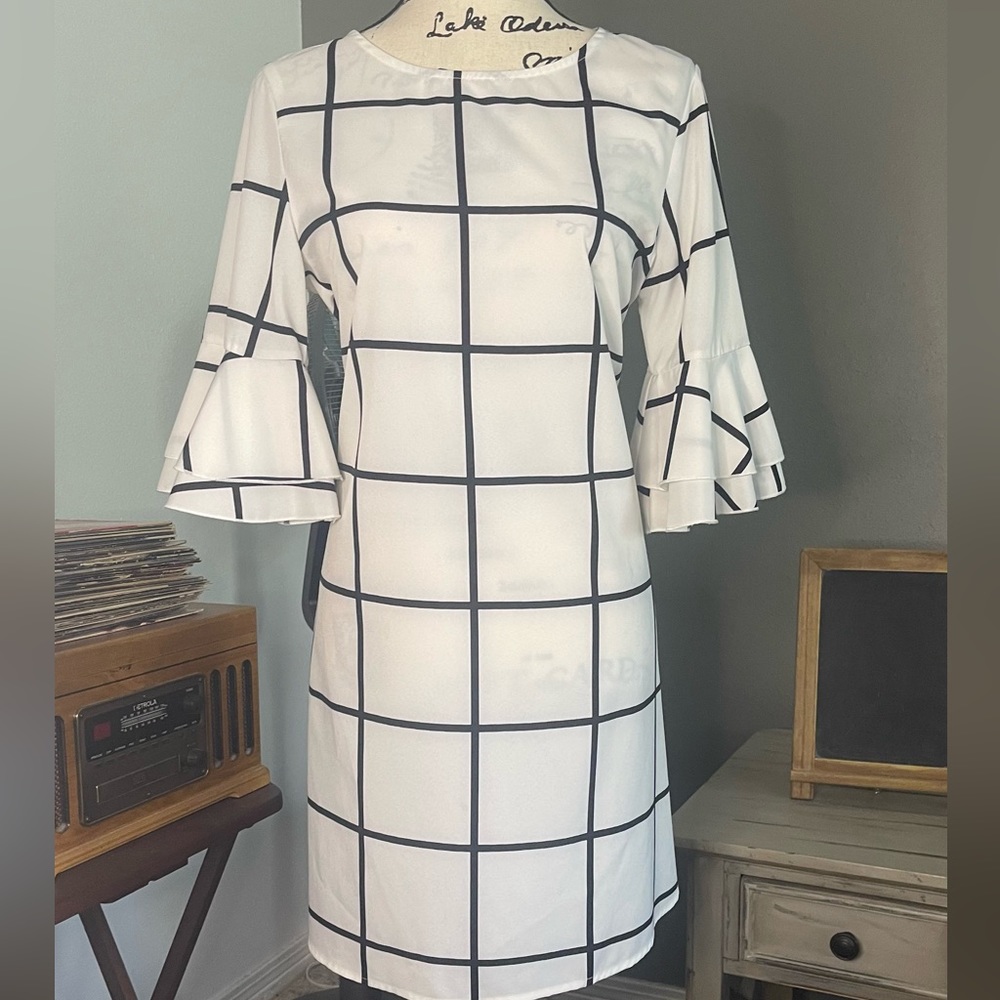 Lovely White Dress with Black Squares with Bell Sleeves and knee length